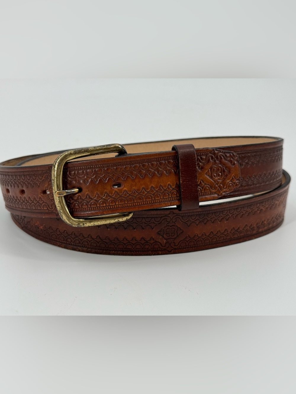 Vintage Boho Brown Tan Tooled Leather Belt 48